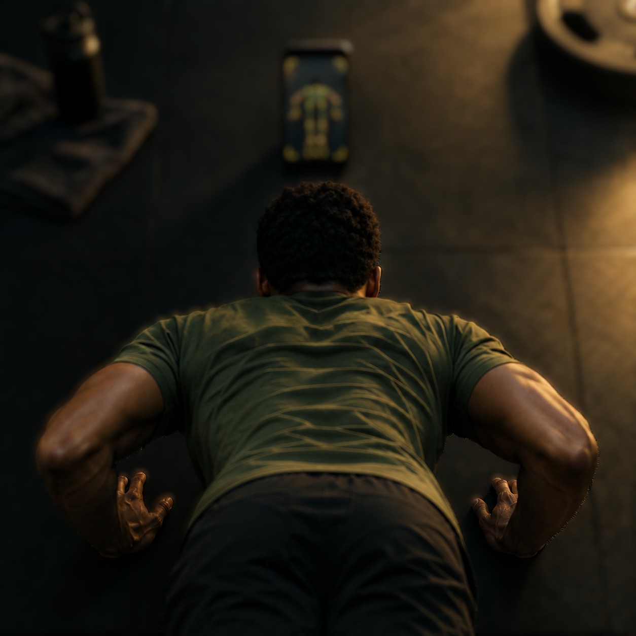 A man doing push-ups in front of a phone running the Push-Up Academy AI tracker