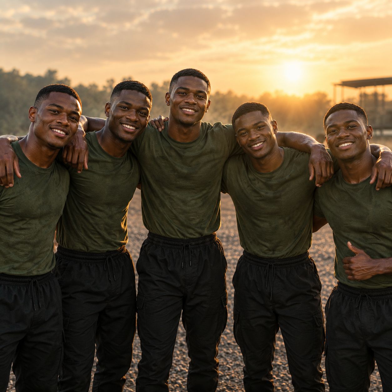 A group of Push-Up Academy recruits smiling together at sunrise
